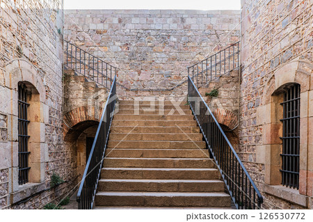 Stone staircase inside Montjuic Castle in Barcelona, Spain 126530772