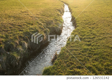 A grassy field with a small stream running through it A grassy field with a small stream running through it 126531142