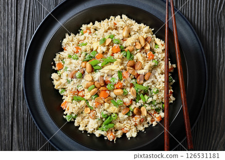 fried cauliflower rice with scrambled egg, veggies 126531181