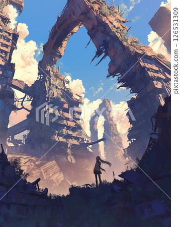 A person standing against a ruined background 126531309