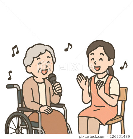 Elderly woman and her caregiver (helper) enjoying karaoke 126531489