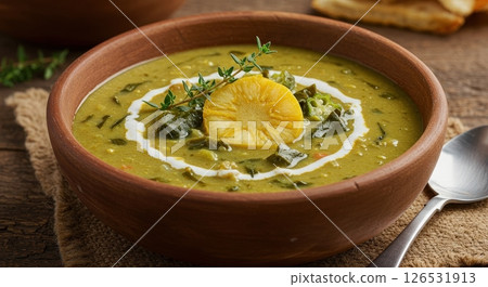 Trinidadian Callaloo soup a creamy green vegetable dish with okra pineapple and thyme garnish 126531913