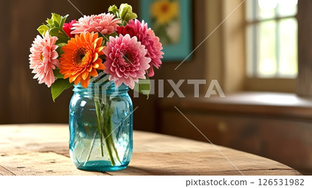 A vibrant bouquet of pink and orange flowers sits in a blue jar on a wooden table, bringing a lively touch to a rustic setting. A vibrant bouquet of pink and orange flowers sits in a blue jar on a wooden table, bringing a lively touch to a rustic setting. 126531982