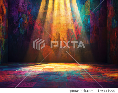 Stage spotlights. empty theater stage dramatic shadows on a backdrop of vibrant colors and abstract patterns. AI Generated. 126531990