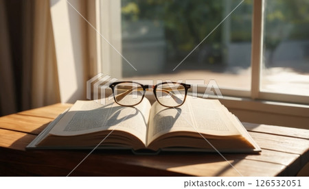 An open book rests on a wooden table with stylish glasses nearby, illuminated by soft sunlight filtering through a window, creating a warm and inviting setting. An open book rests on a wooden table with stylish glasses nearby, illuminated by soft sunlight filtering through a window, creating a warm and inviting setting. 126532051