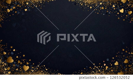 A dark background framed with golden hearts and confetti, creating a romantic atmosphere perfect for events or celebrations related to love 126532052