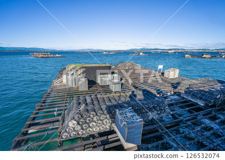 Mussel Farming Rafts in Combarro, Spain. 126532074