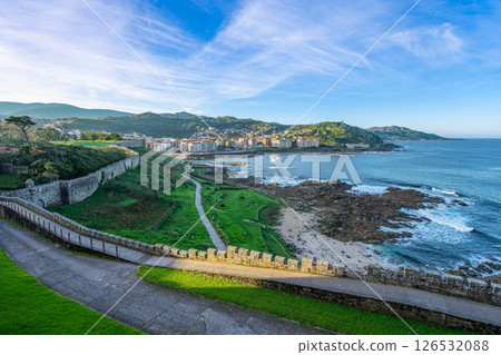 Serene Morning View of Baiona Bay and Town in Spain. 126532088