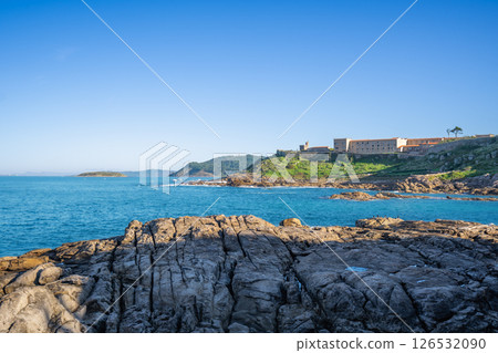 Beautiful Baiona Bay Morning: Fortess and Rocky Coastline, Spain. 126532090