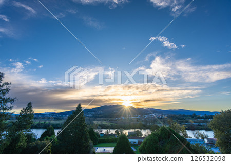 Sunset Over Minho River Tui Spain Cathedral View. 126532098