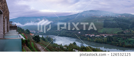 Panoramic view of Douro River valley with vineyards from hotel terrace. 126532125