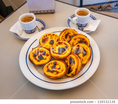 Traditional Portuguese Pastel de Nata with Coffee Lisbon. Traditional Portuguese Pastel de Nata with Coffee Lisbon. 126532138
