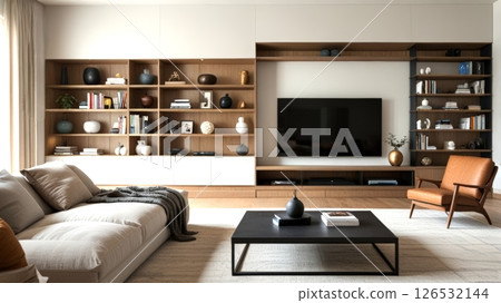 A contemporary living room featuring minimalist decor, sleek furniture, and a large TV, complemented by wooden shelving and a cozy atmosphere, perfect for relaxation. 126532144