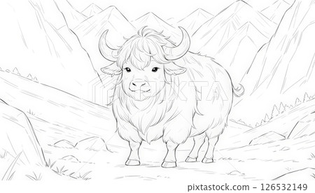 A coloring book of a yak standing in the middle of a mountainous area, highlighting its robust build and gentle demeanor in a harsh environment. 126532149