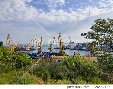 Industrial view of Odesa seaport . Odesa Marine Trade Port is the largest Ukrainian seaport and one of the largest ports in Black Sea basin Industrial view of Odesa seaport . Odesa Marine Trade Port is the largest Ukrainian seaport and one of the largest ports in Black Sea basin 126532186