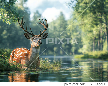 Close up Deers antler in the forest. Deer in a green forest with a lake. AI Generated. Close up Deers antler in the forest. Deer in a green forest with a lake. AI Generated. 126532211