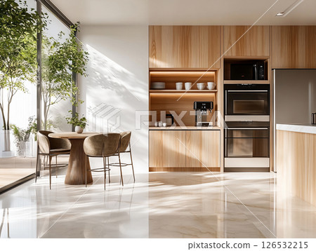 Kitchen bench shelves with various food ingredients. pantry shelf and storage. home design concept. AI Generated. 126532215