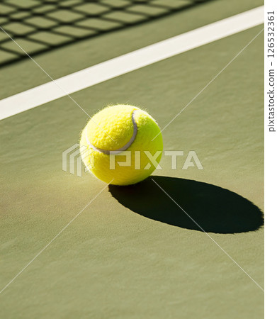 Tennis ball on green tennis hard court. AI Generated. 126532361