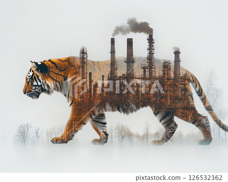 double exposure effect of tiger walking and Industrial plant. Pollution from factories causes global warming. AI Generated. 126532362