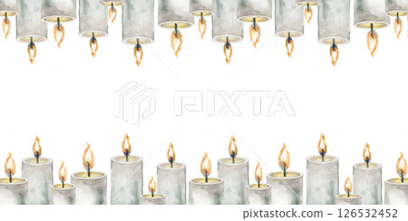 Horizontal frame with burning candles on a white background. Watercolor illustration with gray candles. Empty space for insertion. Suitable for Halloween or other holiday. Mysticism. 126532452