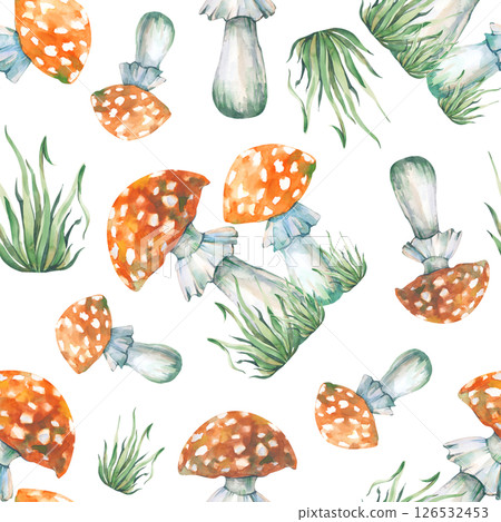 Seamless pattern with fly agaric and grass on a white background. Watercolor illustration with poisonous red mushrooms and green grass. Seamless background for a fabulous or childish design. Seamless pattern with fly agaric and grass on a white background. Watercolor illustration with poisonous red mushrooms and green grass. Seamless background for a fabulous or childish design. 126532453