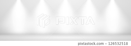 White studio background with bright spotlights and clean floor for product presentation, gallery setup or exhibition display. Realistic wide layout. Vector Illustration White studio background with bright spotlights and clean floor for product presentation, gallery setup or exhibition display. Realistic wide layout. Vector Illustration 126532518