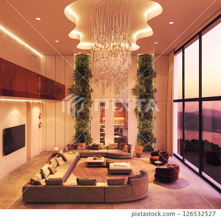 Grand luxury living room with chandelier and sunset view 126532527