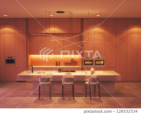 Minimalist luxury kitchen with sculptural lighting and warm wood cabinetry 126532534