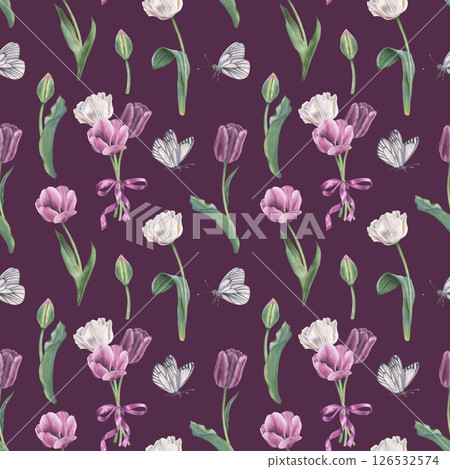 Seamless botanical pattern with tulips, butterflies and bow in purple and white colors. Hand drawn watercolor illustration of spring flowers on burgundy isolated background. For wallpaper or textiles. 126532574