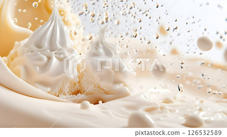 A stunning macro photograph capturing the delicate texture and movement of whipped cream peaks with splashing droplets. The image showcases soft, swirling peaks of pristine white cream. 126532589