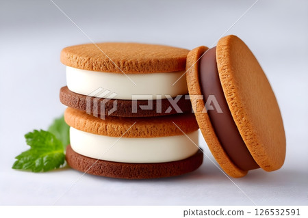 A close-up photograph of artisanal ice cream sandwiches featuring vanilla ice cream between chocolate and golden cookies. The image shows perfectly stacked sandwiches with precise layers. 126532591