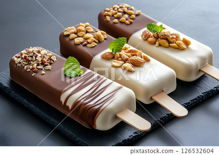 Luxurious gourmet ice cream bars displayed on a black slate surface. The collection features four elegant popsicles coated in dark and white chocolate, decorated with various nuts. 126532604