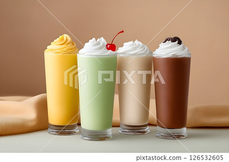 A stunning lineup of four different milkshakes in tall glasses against a neutral beige background. The collection features distinct flavors: a sunny yellow mango or banana shake with yellow whipped 126532605
