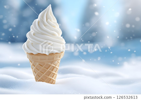 A delightful soft-serve vanilla ice cream cone standing amidst a snowy background, evoking a playful blend of summer and winter themes.  A delightful soft-serve vanilla ice cream cone standing amidst a snowy background, evoking a playful blend of summer and winter themes.  126532613