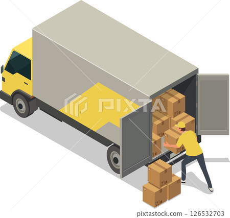 Isometric delivery truck with worker unloading package 126532703