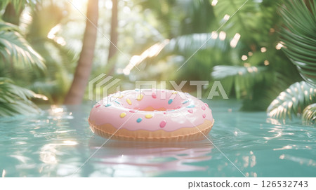 Colorful donut ring inflatable with pink frosting and rainbow sprinkles, perfect for summer pool parties and fun relaxation vibes Party Fun Concept 126532743