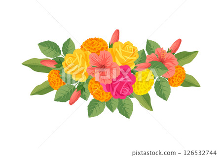 Traditional Indian floral garland with marigold flowers, roses, mango leaves. Decoration for Indian hindu holidays or wedding ceremony. Isolated on white. Vector illustration. 126532744