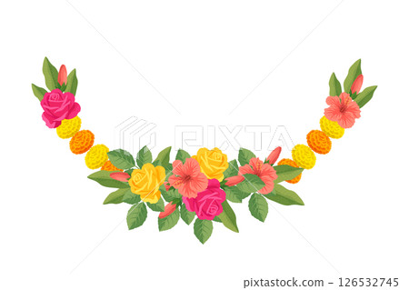 Traditional Indian floral garland with marigold flowers, roses, mango leaves. Decoration for Indian hindu holidays or wedding ceremony. Isolated on white. Vector illustration. Traditional Indian floral garland with marigold flowers, roses, mango leaves. Decoration for Indian hindu holidays or wedding ceremony. Isolated on white. Vector illustration. 126532745