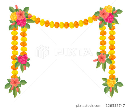 Traditional Indian floral garland with marigold flowers, roses, mango leaves. Decoration for Indian hindu holidays or wedding ceremony. Isolated on white. Vector illustration. Traditional Indian floral garland with marigold flowers, roses, mango leaves. Decoration for Indian hindu holidays or wedding ceremony. Isolated on white. Vector illustration. 126532747