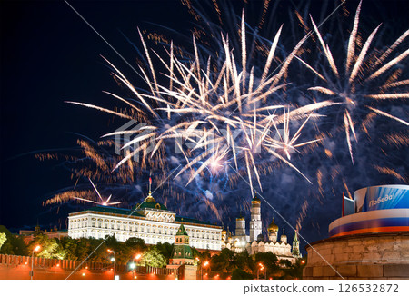 Moscow Kremlin (with decorations for the holiday of May 9 ) and fireworks in honor of Victory Day celebration (WWII), Russia-- the most popular view. Translation: Victory Moscow Kremlin (with decorations for the holiday of May 9 ) and fireworks in honor of Victory Day celebration (WWII), Russia-- the most popular view. Translation: Victory 126532872