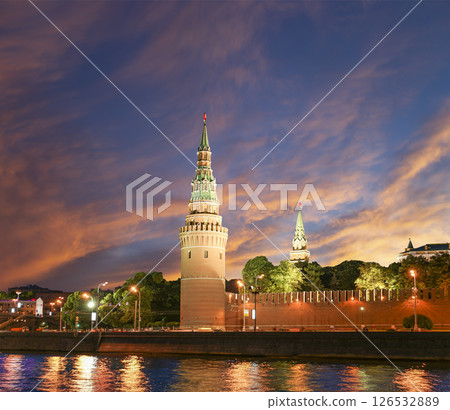 Night view of the Moskva River and Kremlin, Russia, Moscow (most popular view). Against the background of a beautiful sky with clouds 126532889