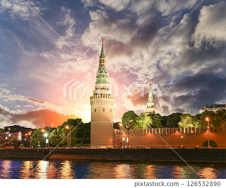 Night view of the Moskva River and Kremlin, Russia, Moscow (most popular view). Against the background of a beautiful sky with clouds 126532890