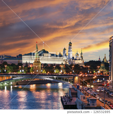 Night view of the Moskva River and Kremlin, Russia, Moscow (most popular view). Against the background of a beautiful sky with clouds 126532895