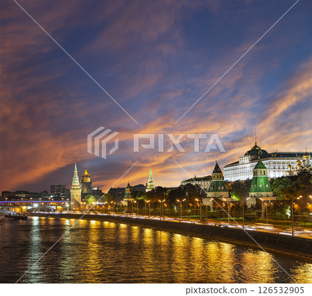 Night view of the Moskva River and Kremlin, Russia, Moscow (most popular view). Against the background of a beautiful sky with clouds 126532905