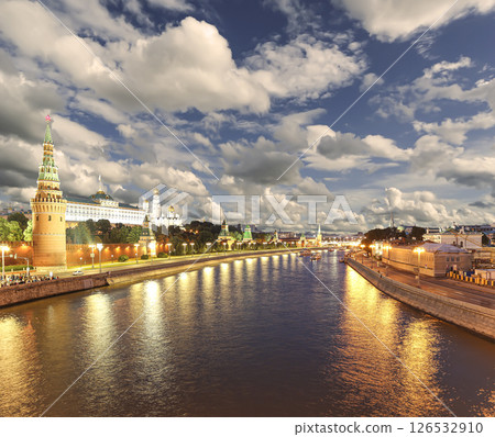 Night view of the Moskva River and Kremlin, Russia, Moscow (most popular view). Against the background of a beautiful sky with clouds 126532910