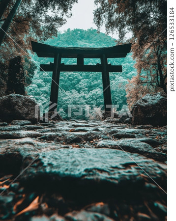 Serene Japanese Torii Gate Forest Path Scenic Nature Stone Pathway Tranquil Asian Shrine Spiritual 126533184