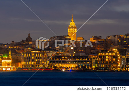Galata Tower and Golden Horn bay at night. Istanbul, Turkey 126533252