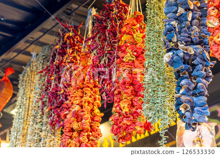 Dried Vegetables Red Peppers and Eggplants in Local Spice Bazaar 126533330