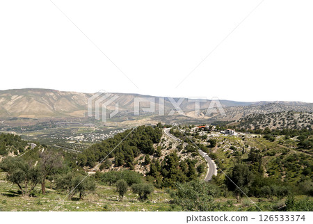 Typical mountain landscape, Jordan, Middle East (photography from a high point). Carved on white background Typical mountain landscape, Jordan, Middle East (photography from a high point). Carved on white background 126533374