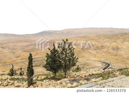 Typical mountain landscape, Jordan, Middle East (photography from a high point). Carved on white background Typical mountain landscape, Jordan, Middle East (photography from a high point). Carved on white background 126533378